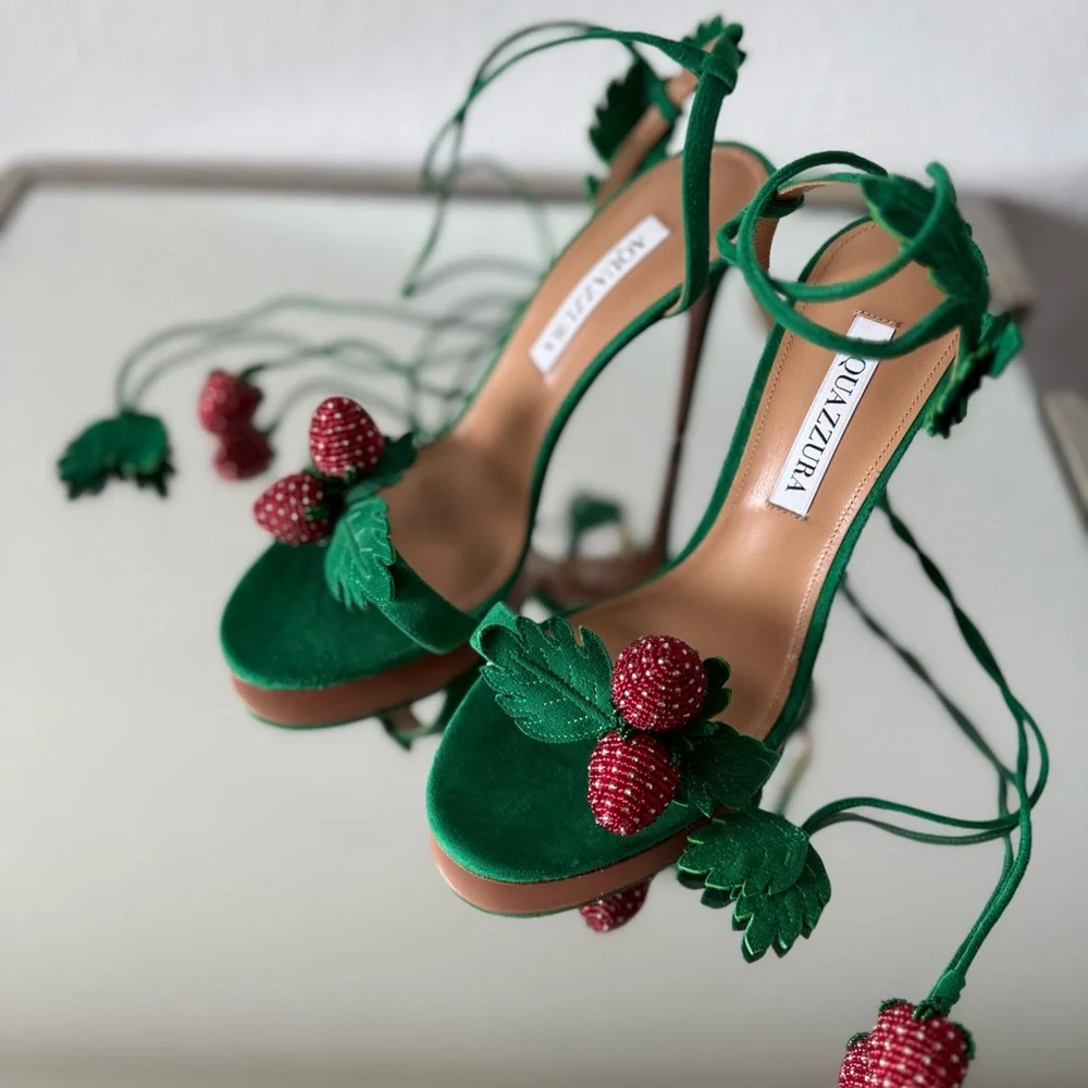 New Aquazzura Green Fragolina 105 Embellished Suede Sandals 37.5 $1,295
